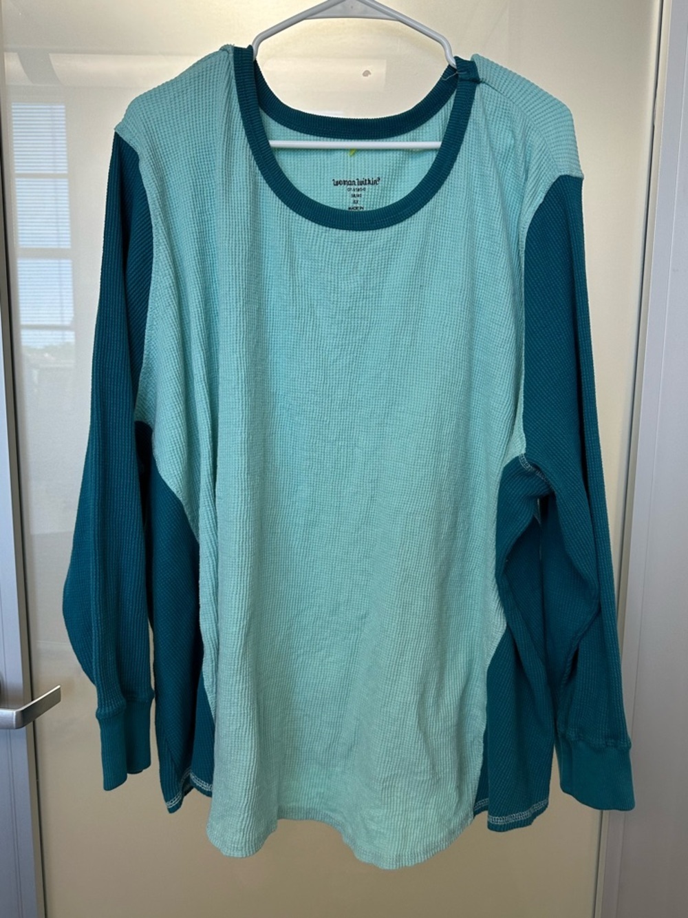 Woman Within long-sleeve teal and blue colorblock waffle knit top size 5X